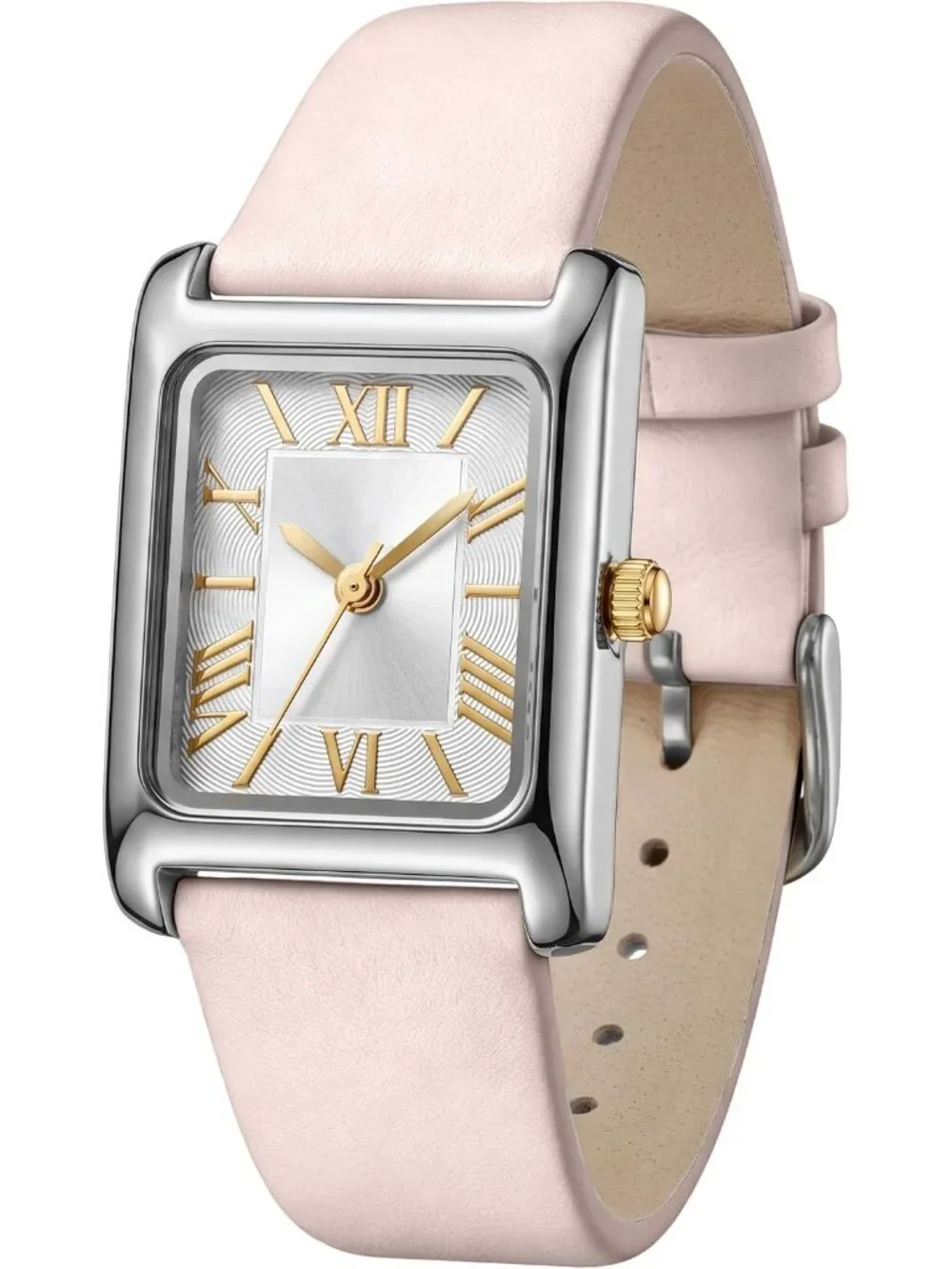 Women's Pink Silver Roman Numeral Leather Strap Square Face Analog Vintage Watch